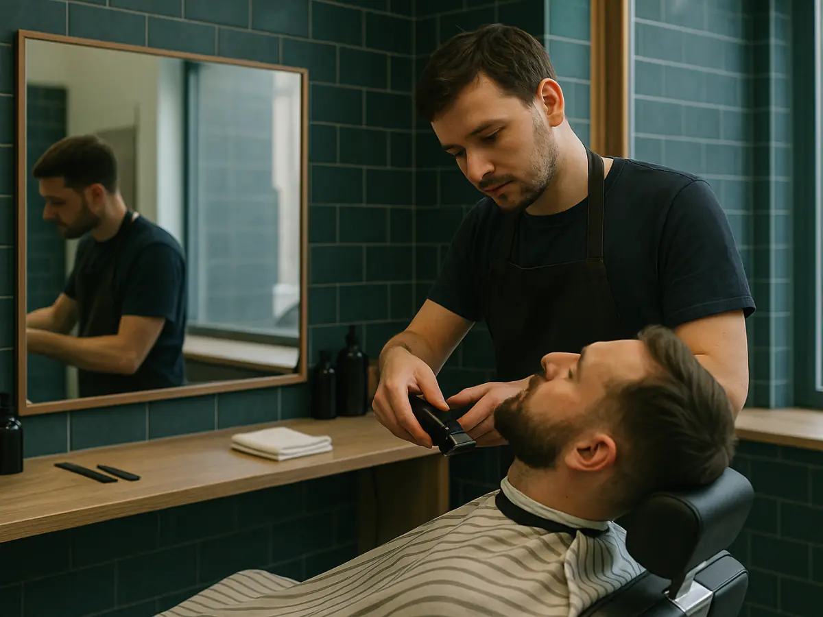 Barber podcina brodę klienta siedzącego w fotelu
