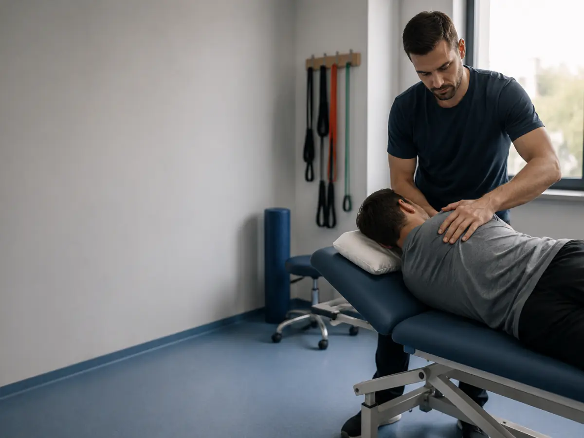 Fizjoterapeuta pracuje z pacjentem leżącym na leżance