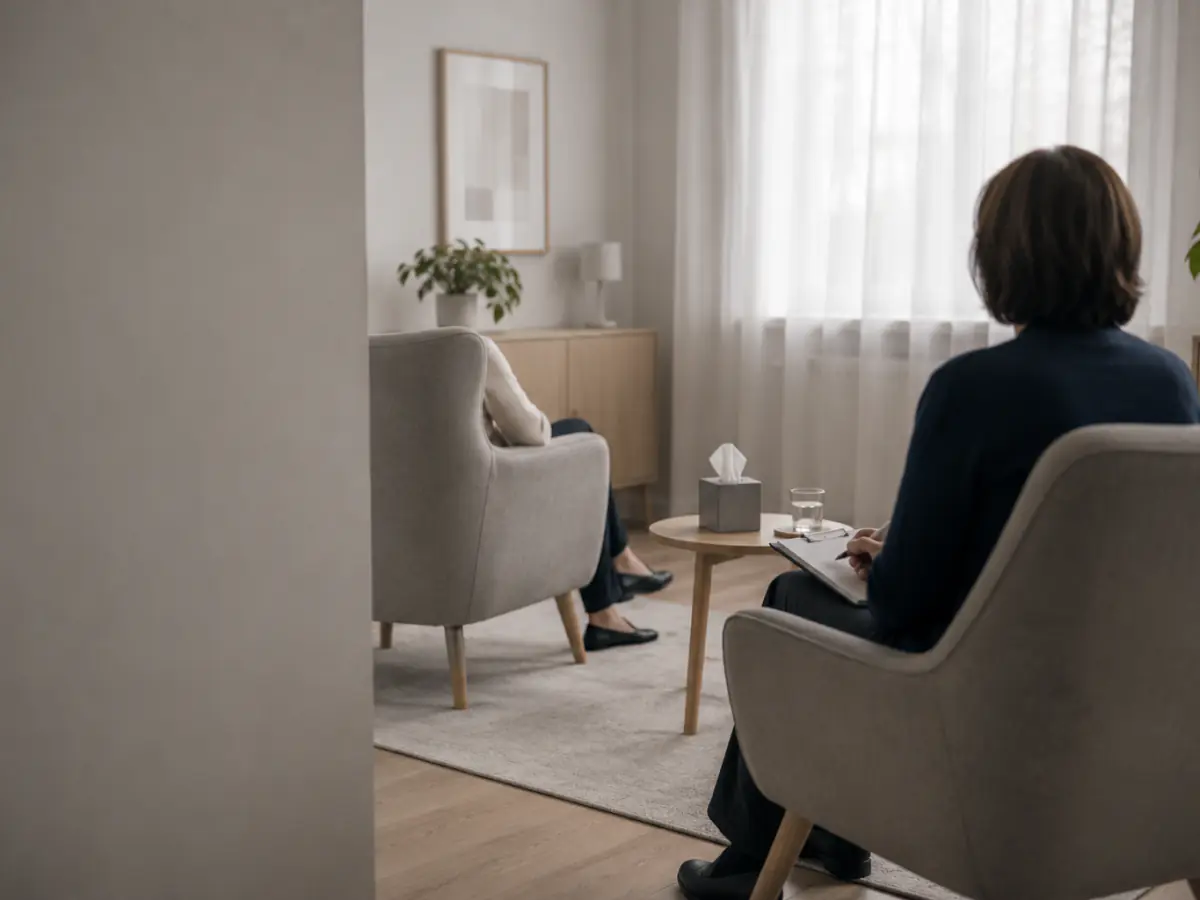 Dwa fotele w gabinecie psychoterapeuty, rozmowa w miękkim świetle