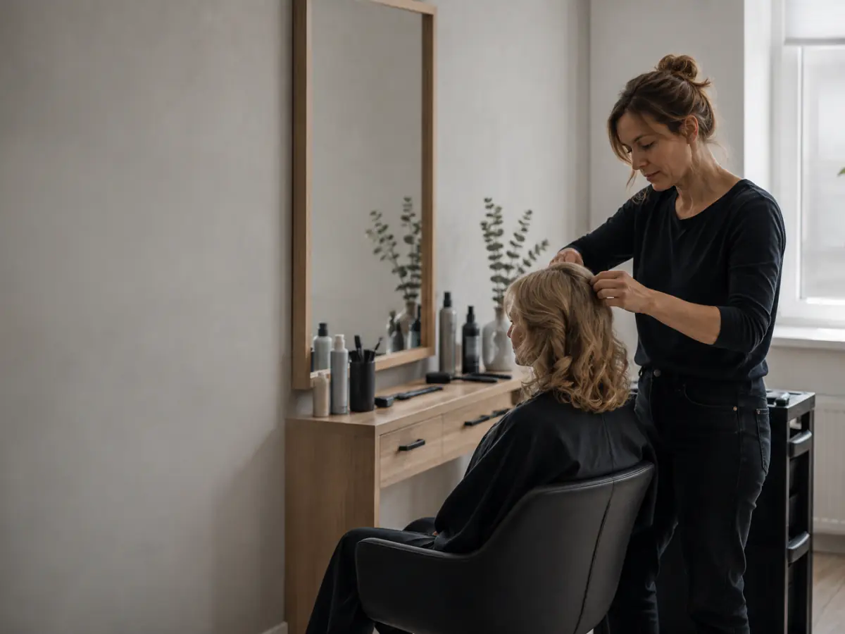 Fryzjerka pracuje przy kliencie na stanowisku z lustrem w salonie