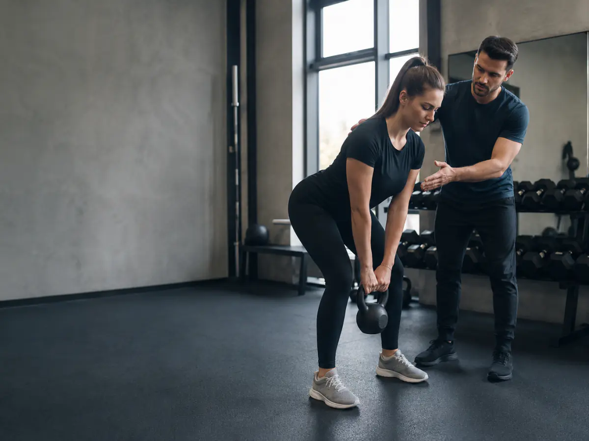 Trener prowadzi indywidualny trening z klientem w małym studiu