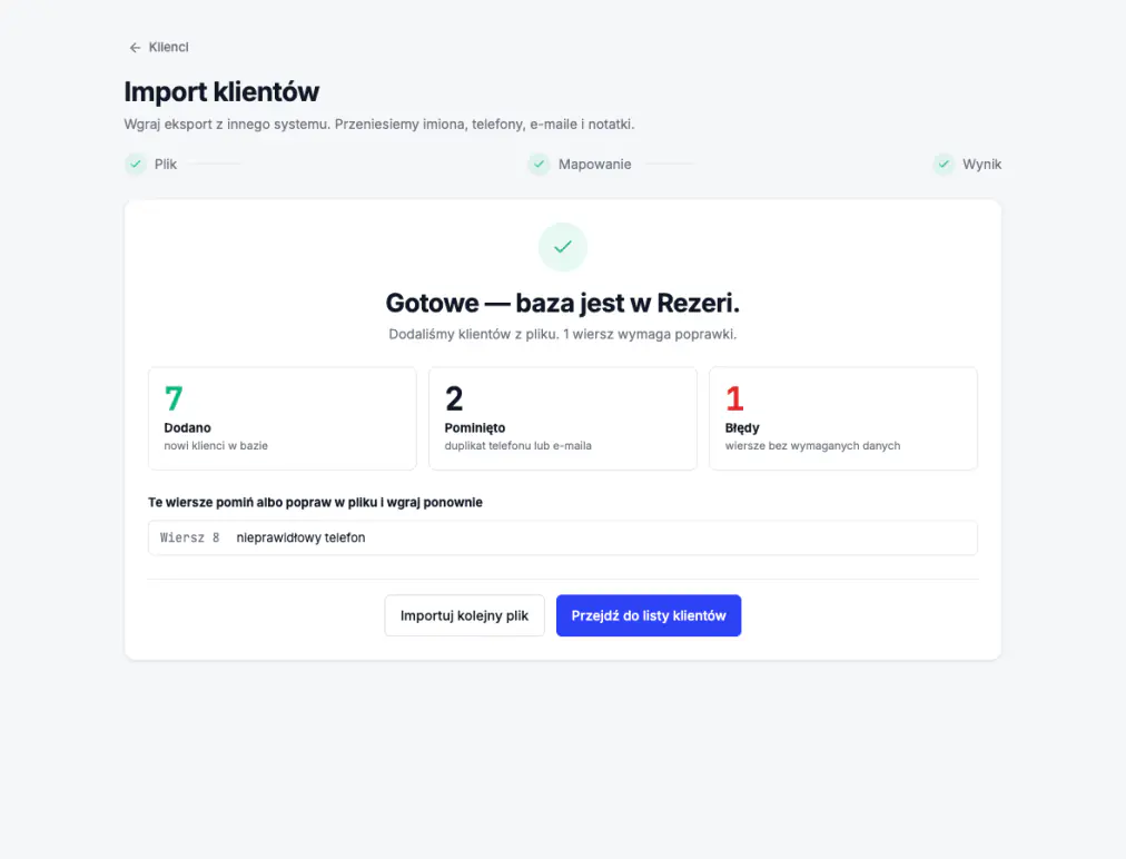 Krok 3 — wynik: dodani, pominięci i wiersze do poprawki