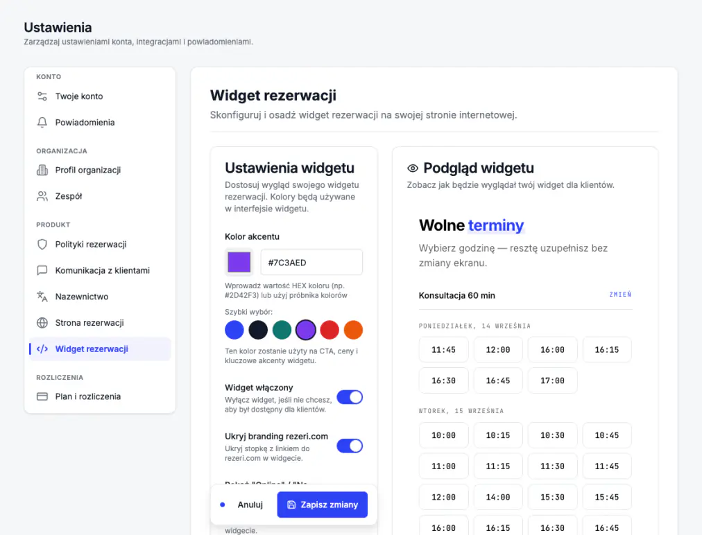 Ustawienia widgetu — kolor akcentu i podgląd