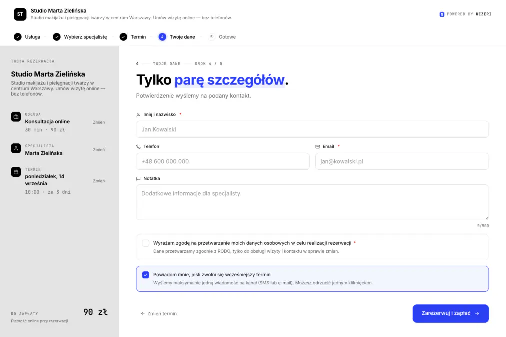 Okno płatności widziane przez klienta