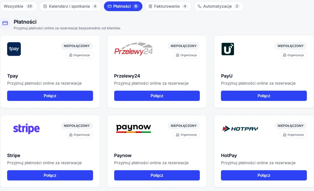 Panel Rezeri — integracje płatności: Tpay, Przelewy24, PayU, Stripe, Paynow i HotPay.