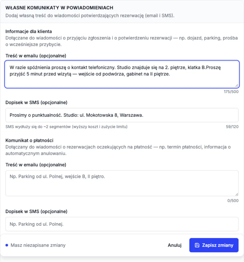 Edytor własnego komunikatu do powiadomień