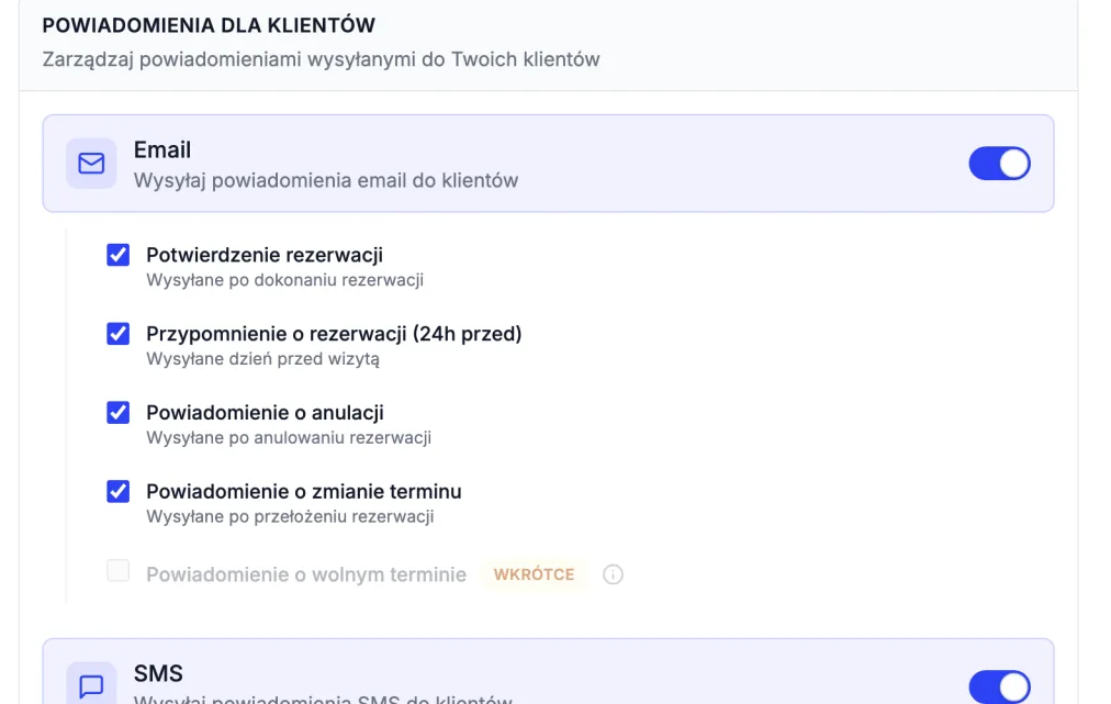 Panel Rezeri — ustawienia powiadomień dla klientów: potwierdzenie i przypomnienie o rezerwacji 24h przed terminem, e-mailem i SMS-em.
