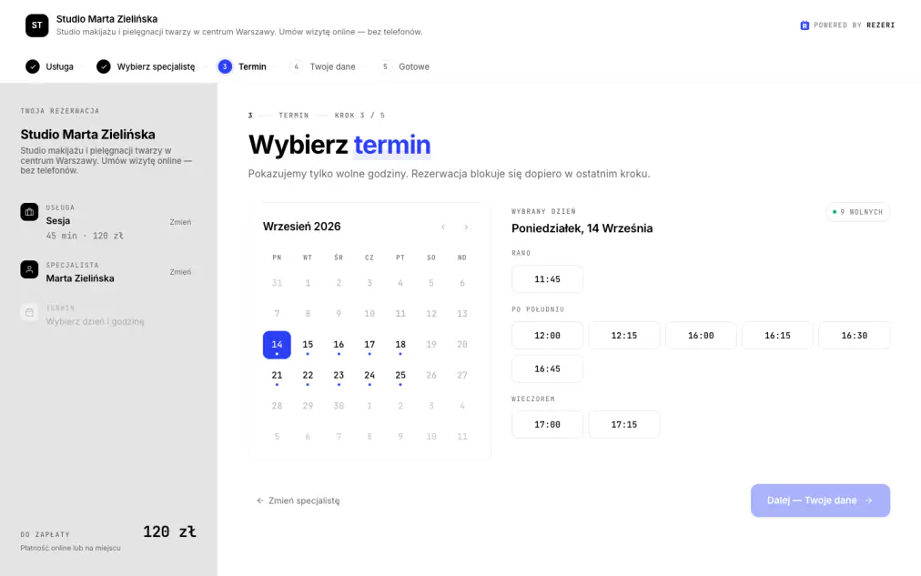 Ścieżka klienta: usługa → termin → potwierdzenie