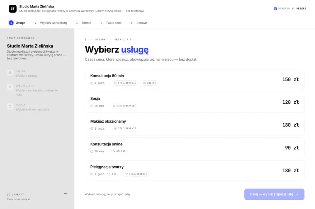 Publiczna strona rezerwacji na desktopie i telefonie