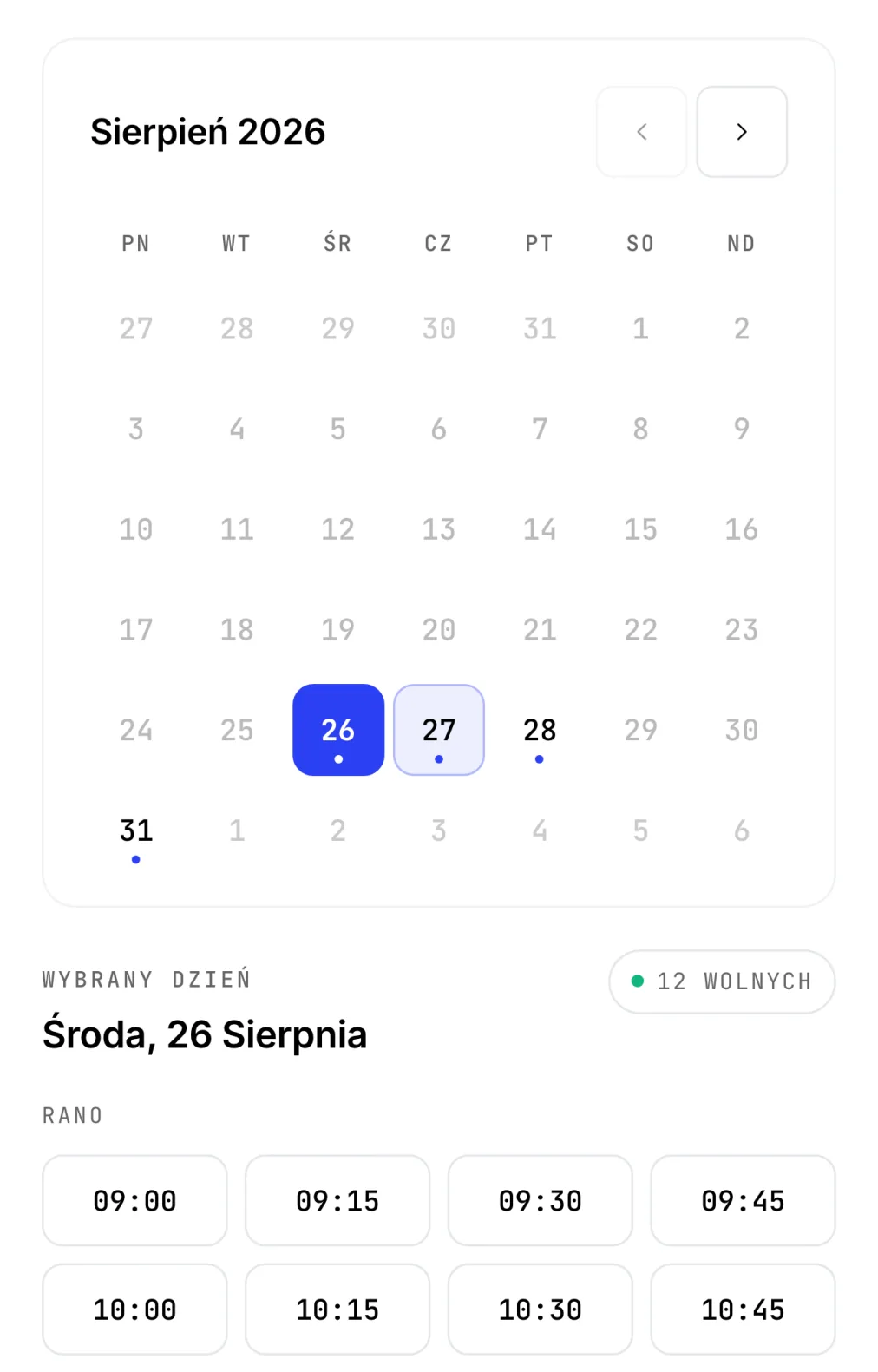 Strona rezerwacji Rezeri na telefonie — wybór dnia w kalendarzu i lista wolnych godzin do rezerwacji.