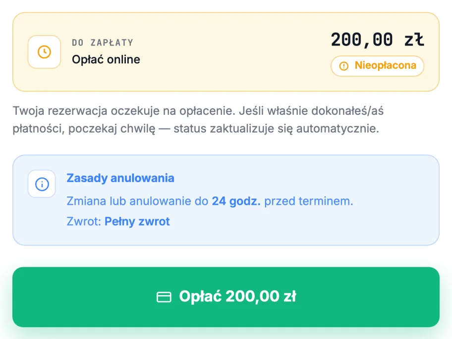 Rezerwacja klienta w Rezeri czekająca na opłacenie: kwota do zapłaty, status „Nieopłacona”, zasady anulowania ze zwrotem i przycisk „Opłać 200,00 zł”.